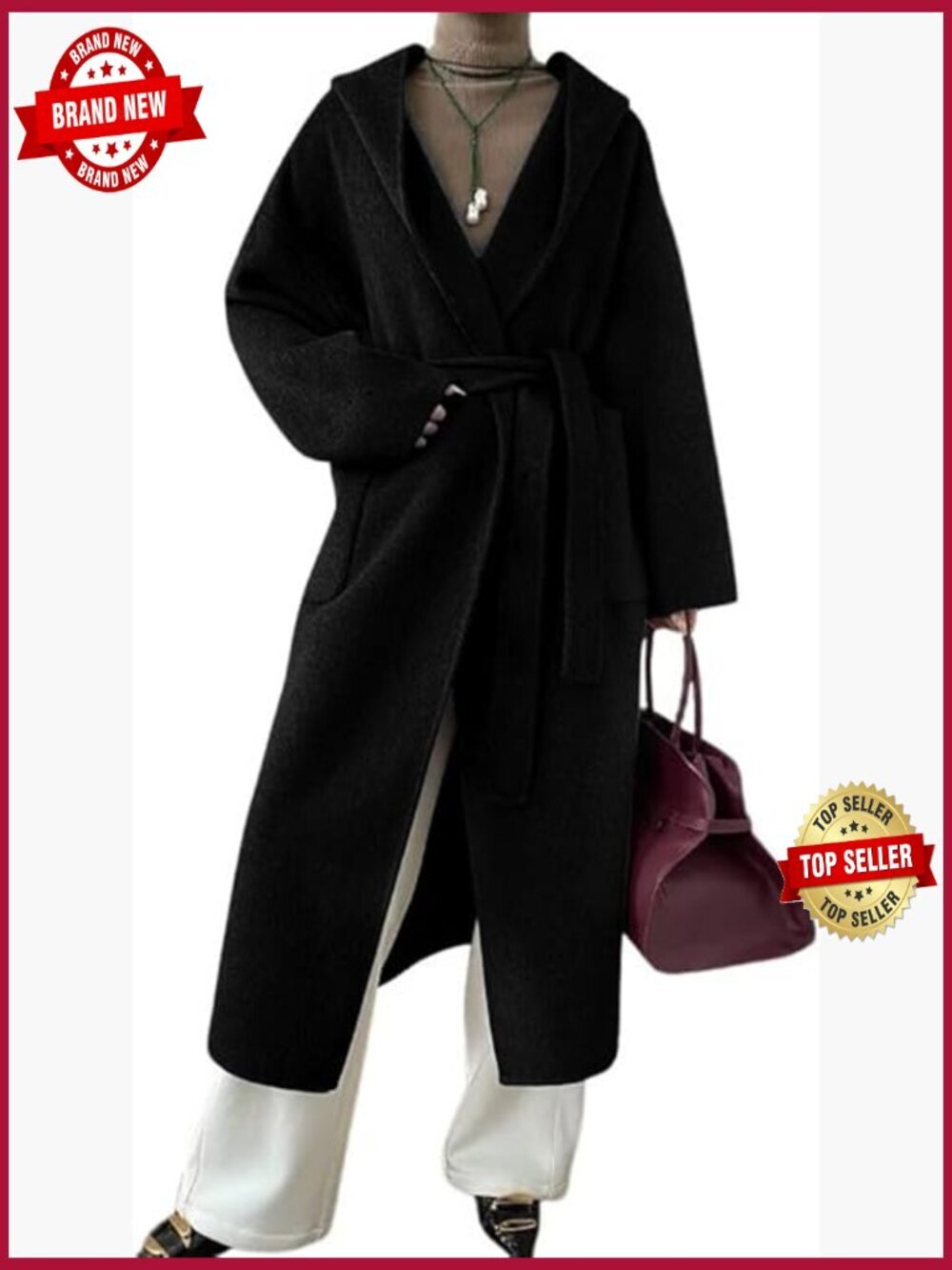 Womens Open Front Belted Wool Coat Loose Hooded Midi Long Pea Coat